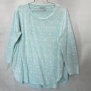 Fresh Produce Asymmetric Cotton Print Light Blue/White Top Blouse Size large
